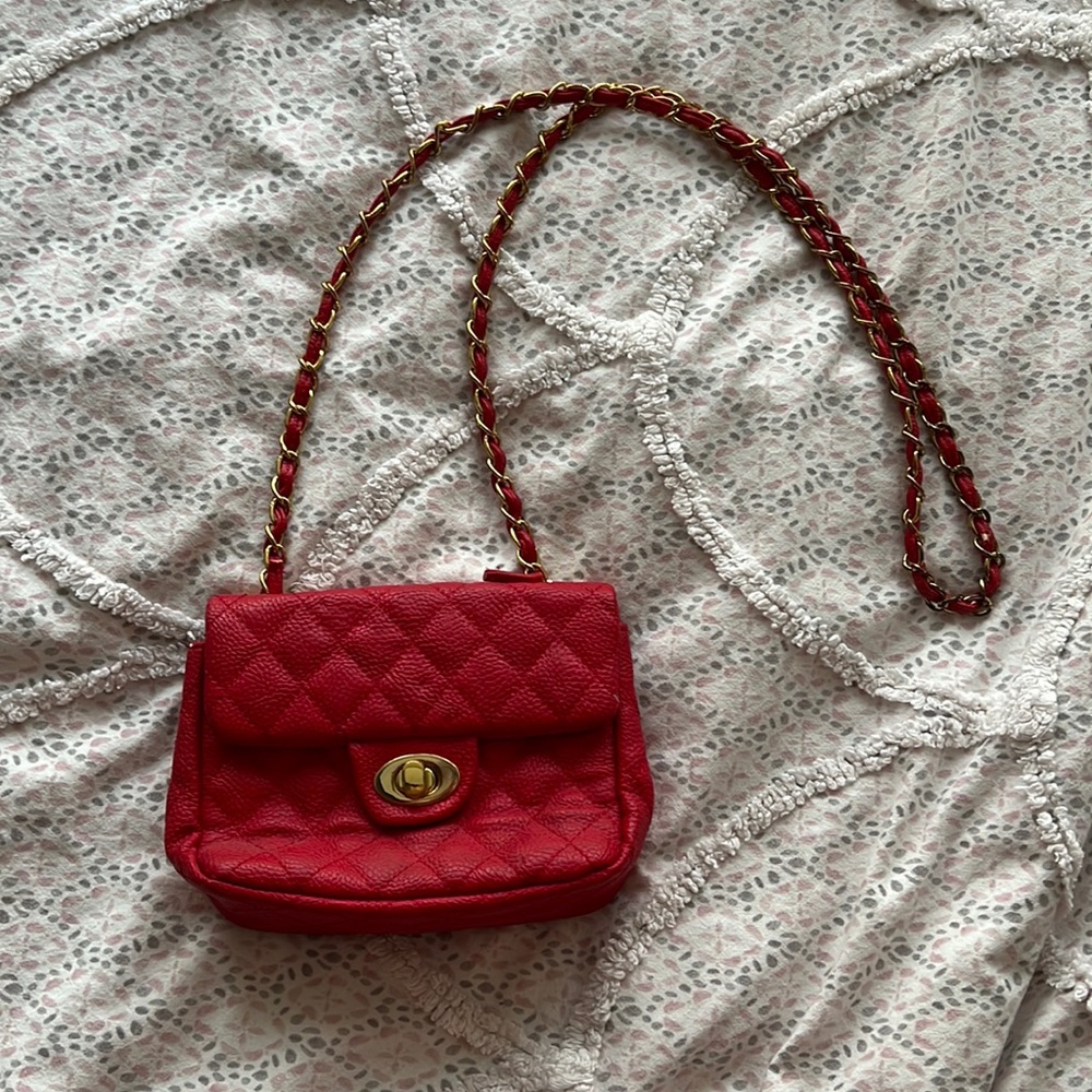 Red quilted purse with chain strap